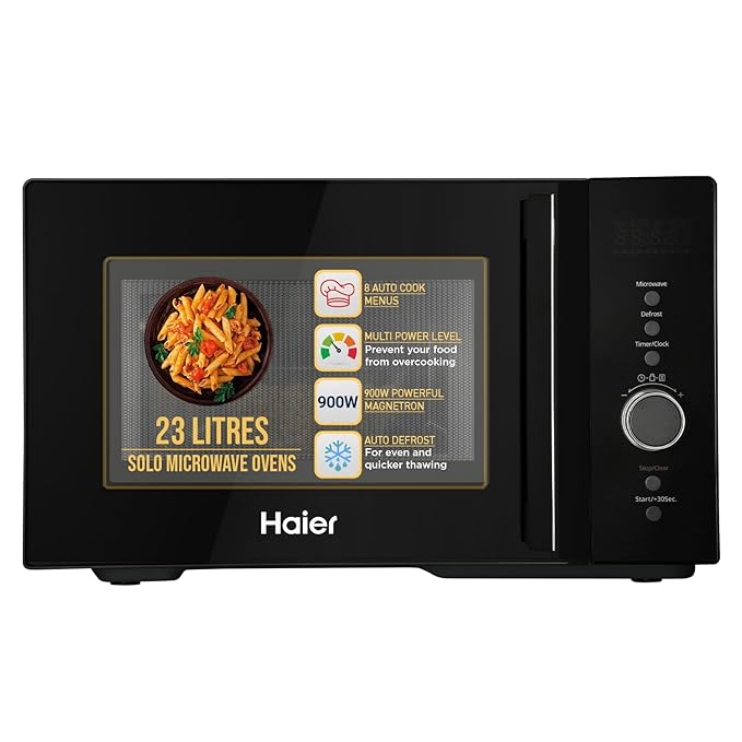 Haier 23L Solo Microwave Oven with Defrost Technology, Child Lock (HIL2301MBEJ, Black, Inbuilt Auto Cook Menus)